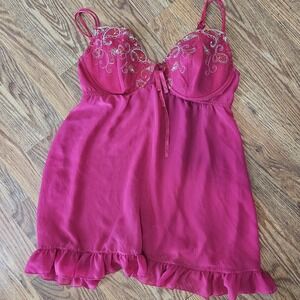 Cacique Lingerie Babydoll Top Floral Embroidered Hot Pink 18/20 Sheer Fairy Sexy